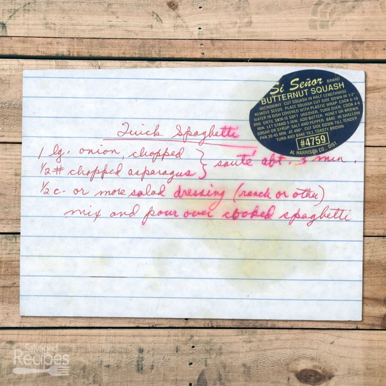 Handwritten recipe card for Quick Spaghetti