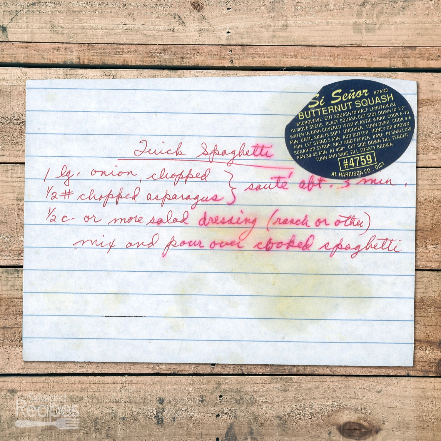 Handwritten recipe card for Quick Spaghetti