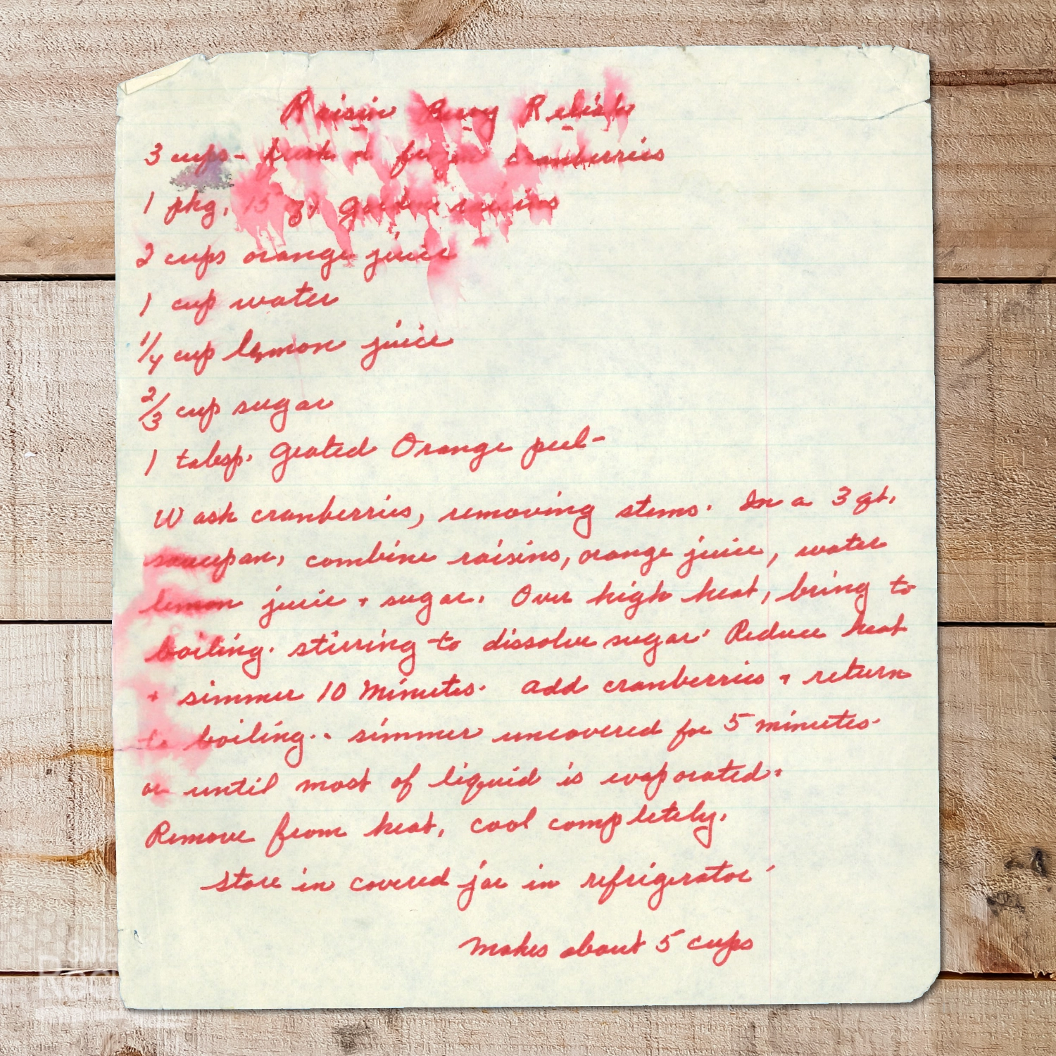 Handwritten recipe for Raisin-Berry Relish