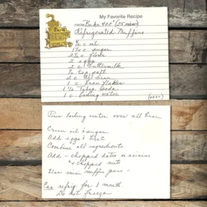 Handwritten recipe card for Refrigerated Muffins