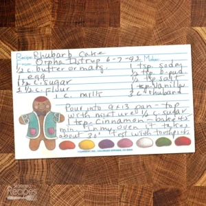 Handwritten recipe card for Rhubarb Cake from Orpha Ilstrup