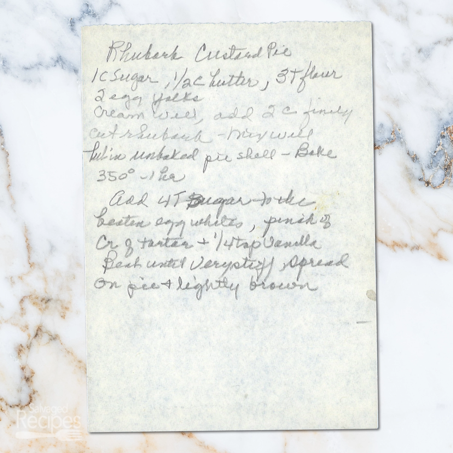 Handwritten recipe for Rhubarb Custard Pie