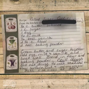 Handwritten recipe card for Rolled Sugar Cookies from the Mom for Nick Ruyter