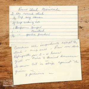 Handwritten recipe card for Round Steak Marinade