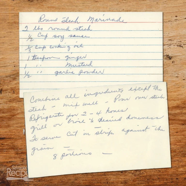 Handwritten recipe card for Round Steak Marinade