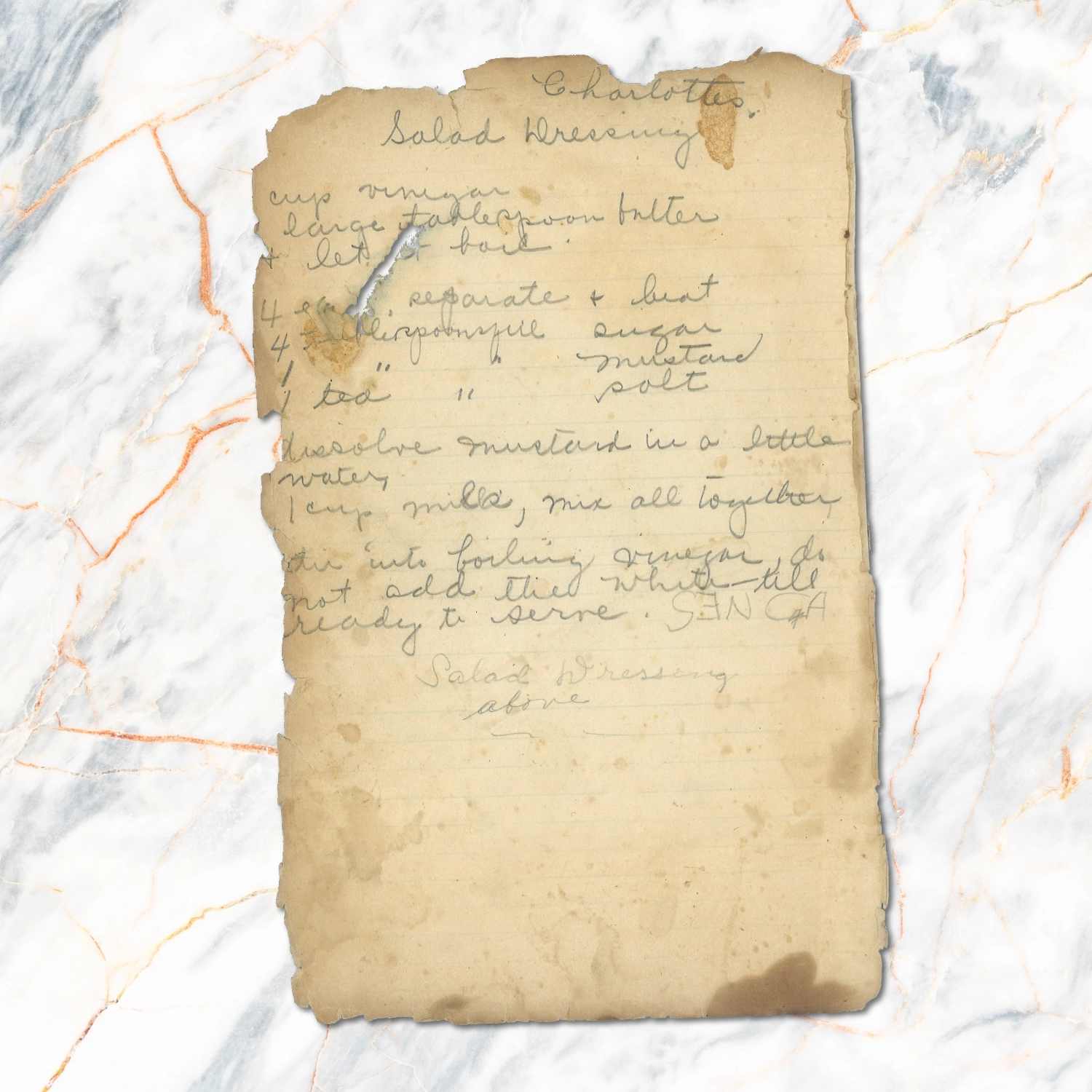 Handwritten recipe for Salad Dressing from Charlotte