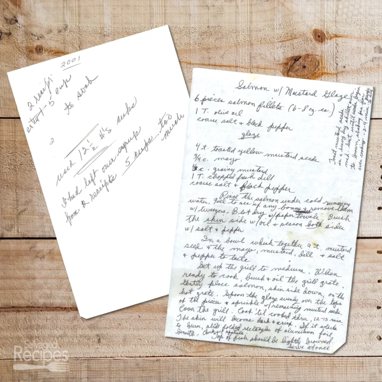 HAndwritten recipe for Salmon with Mustard Glaze