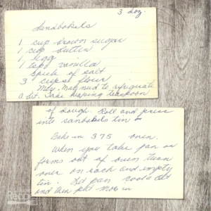 Handwritten recipe card for Sandbakkels