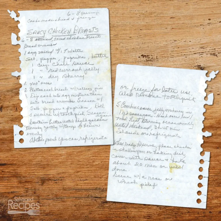 HAndwritten recipe for Saucy Chicken Breasts