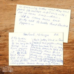 Handwritten recipe card for Seafood Melange