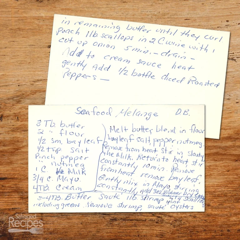 Handwritten recipe card for Seafood Melange