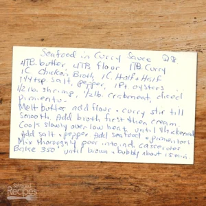 Handwritten recipe card for Seafood in Curry Sauce