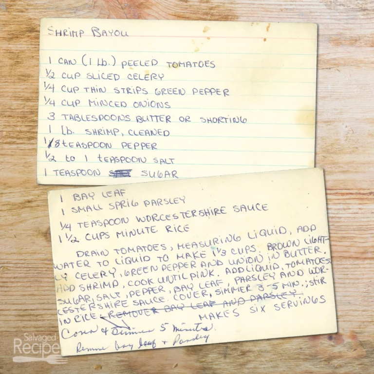 Handwritten recipe card for Shrimp Bayou
