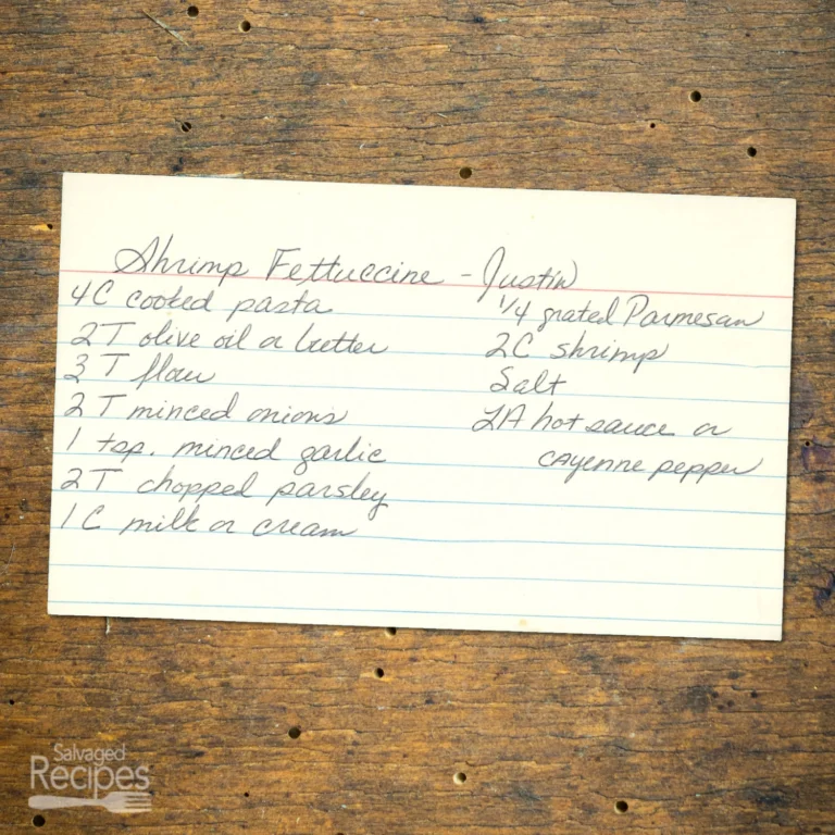 Handwritten recipe card for SHrimp Fettuccine from Justin