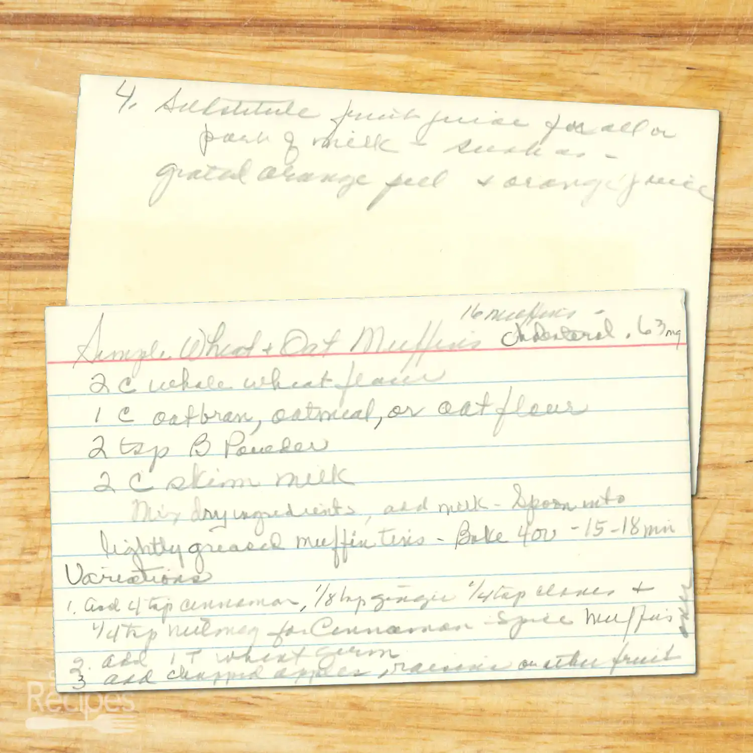 Handwritten recipe card for Simple Wheat and Oat Muffins