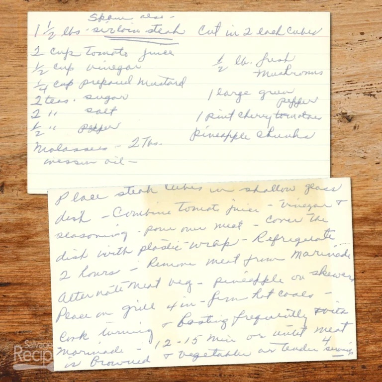 Handwritten recipe card for Skewer Steak
