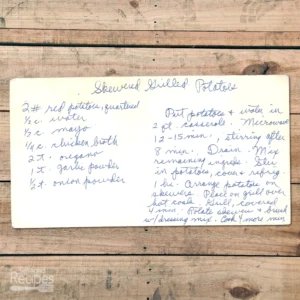 Handwritten recipe card for Skewered Grilled Potatoes