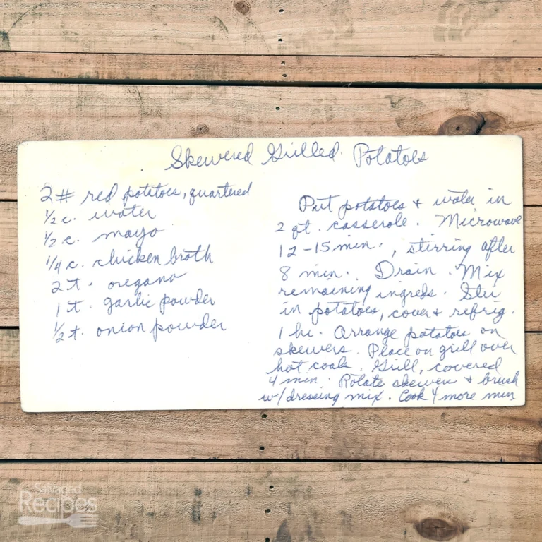Handwritten recipe card for Skewered Grilled Potatoes
