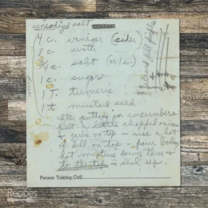 HAndwritten recipe for Sliced Dill Pickles