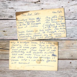 Handwritten recipe card for Snowball Cake from Ellen Kyle