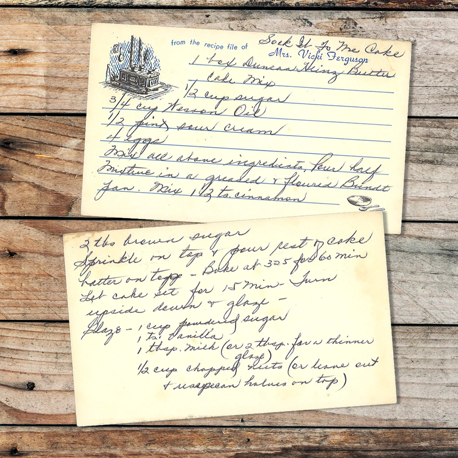 Handwritten recipe card for Sock-It-To_Me-Cake from VIcky Ferguson