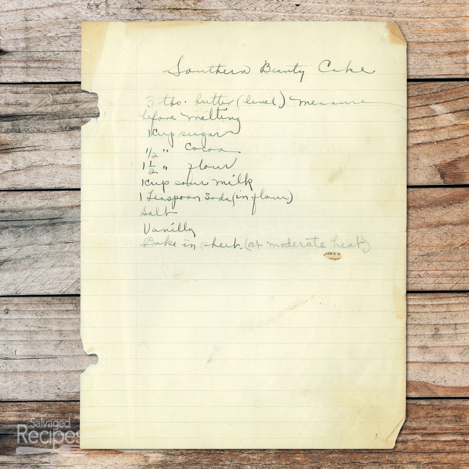 Handwritten recipe for Southern Beauty Cake