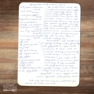 Handwritten recipe for Spaghetti with Italian Sauce