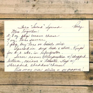 Handwritten recipe card for Taco "Salad" Spread