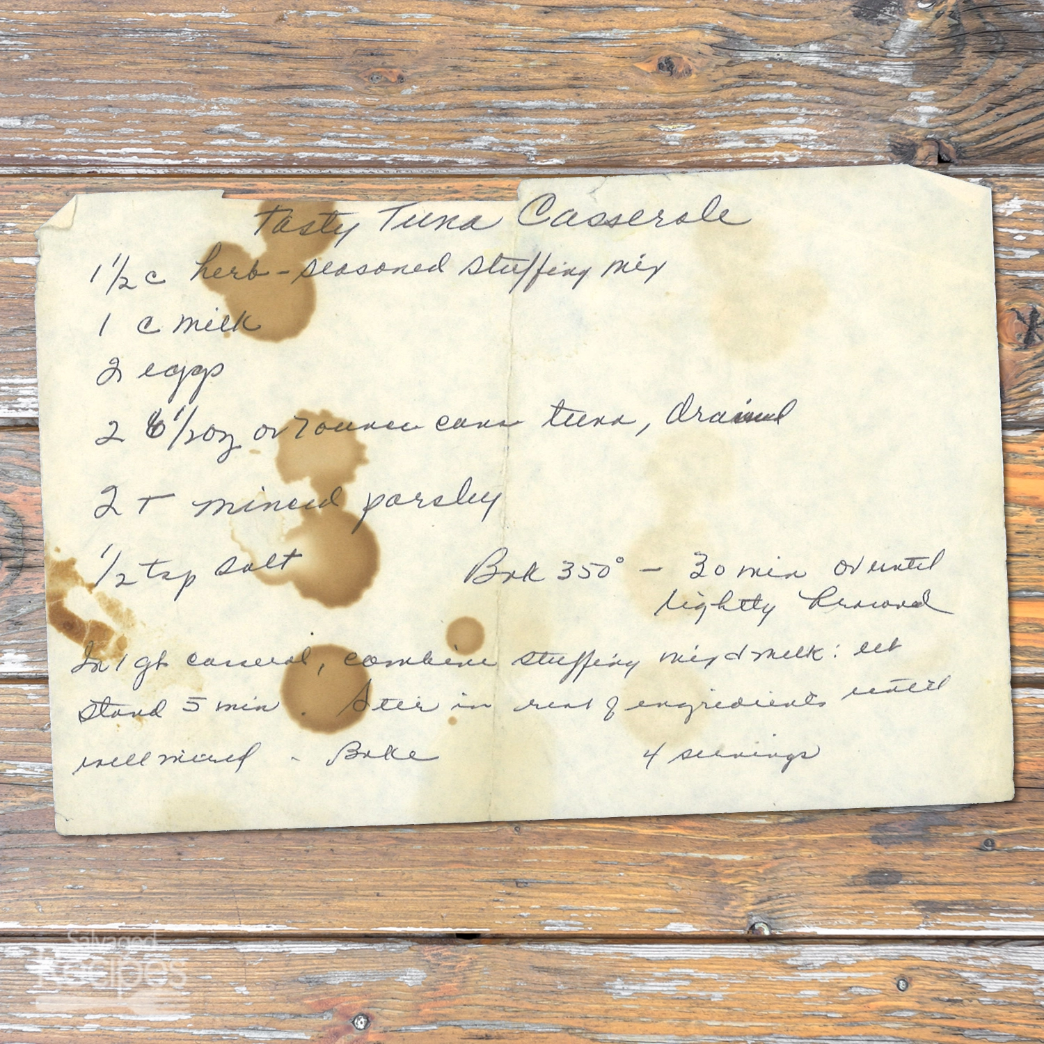 Handwritten recipe for Tasty Tuna Casserole