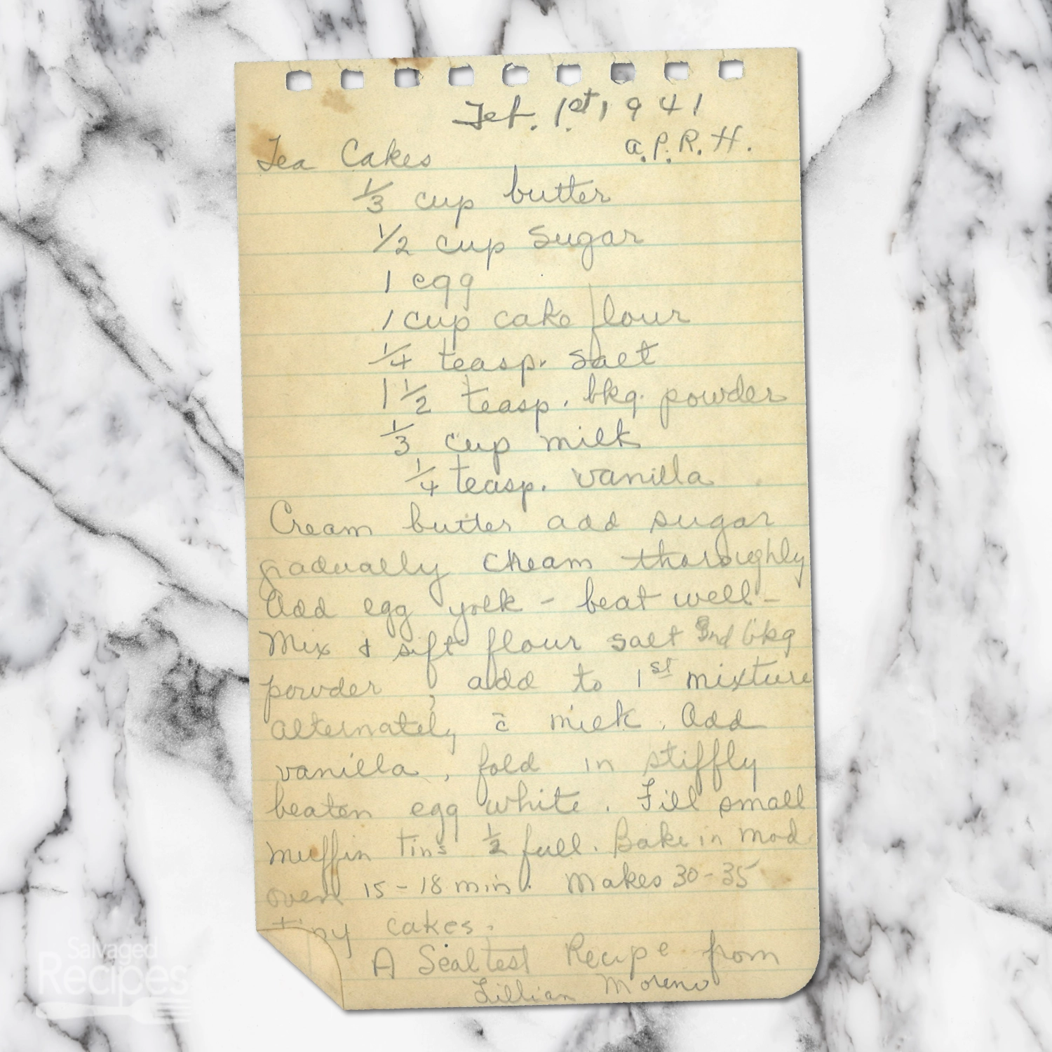 Handwritten recipe for Tea Cakes