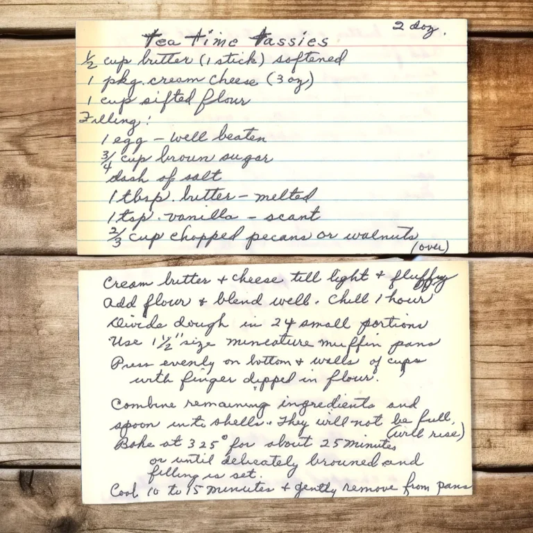 Handwritten recipe card for Tea Time Tassies