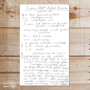 Handwritten recipe for Texas Style Baked Beans