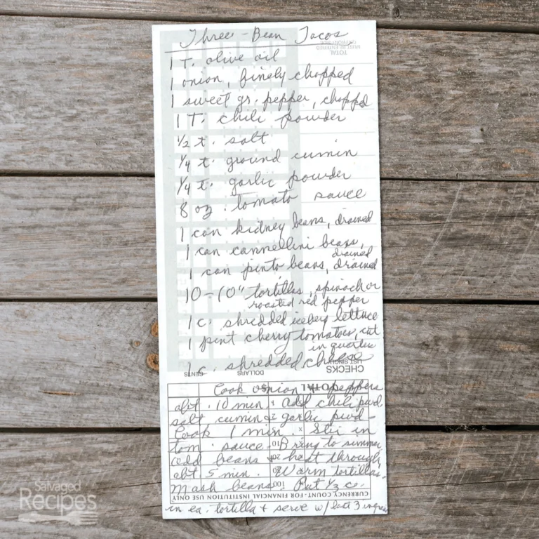 Handwritten recipe for Three Bean Tacos