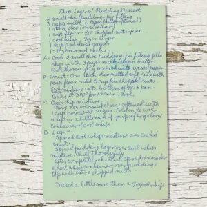Handwritten recipe for Three Layered Pudding Dessert