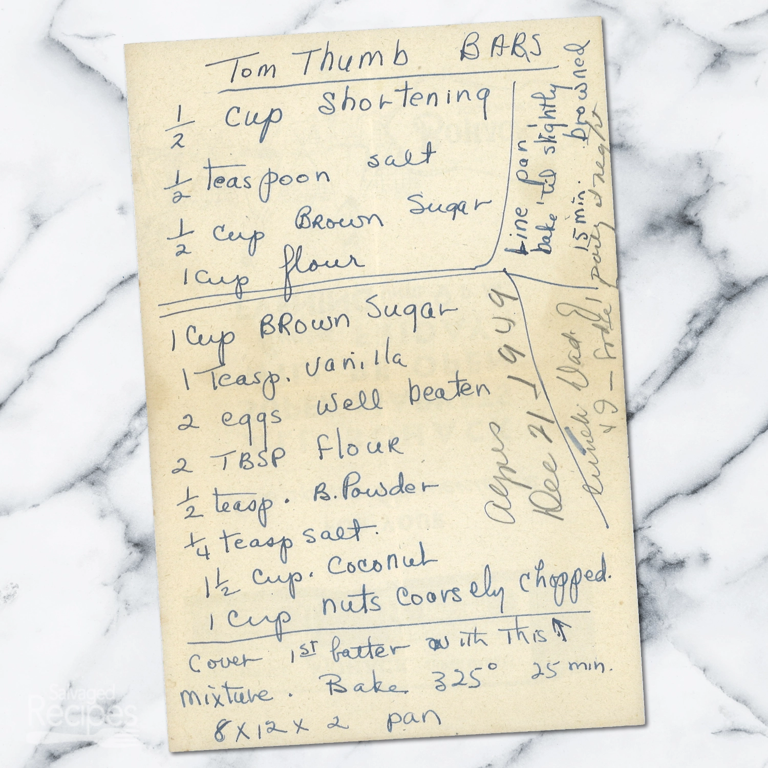 Handwritten recipe for Tom Thumb Bars