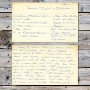 Handwritten recipe card for Tomato Stuffed with Mushrooms