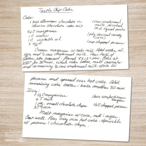 Handwritten recipe card for Turtle Chip Cake