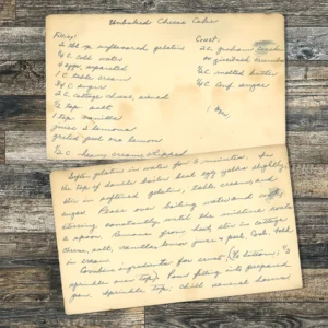 HAndwritten recipe card for Unbaked Cheesecake