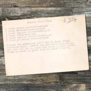 Handwritten recipe card for Unbaked Fruit Cake from B. Zody