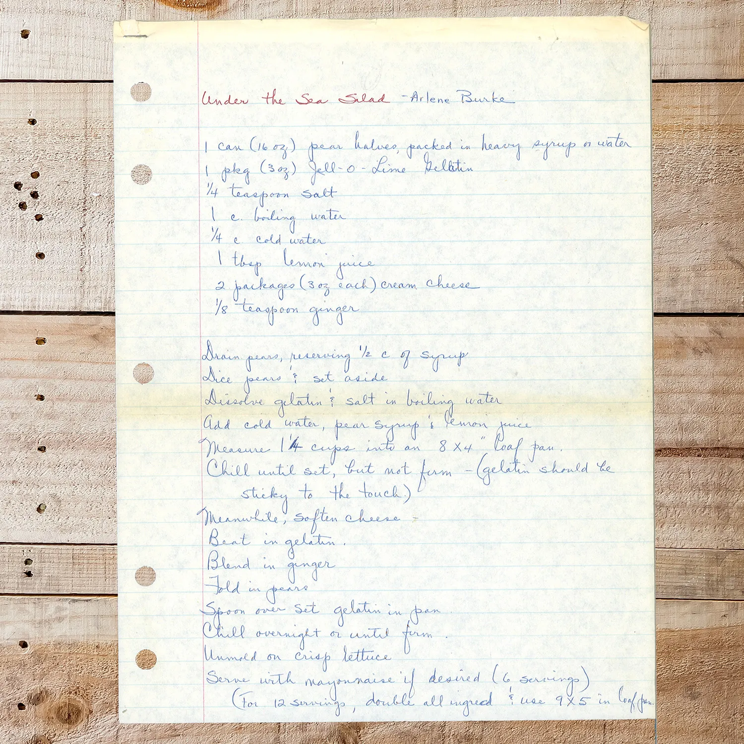 Handwritten recipe for Under the Sea Salals