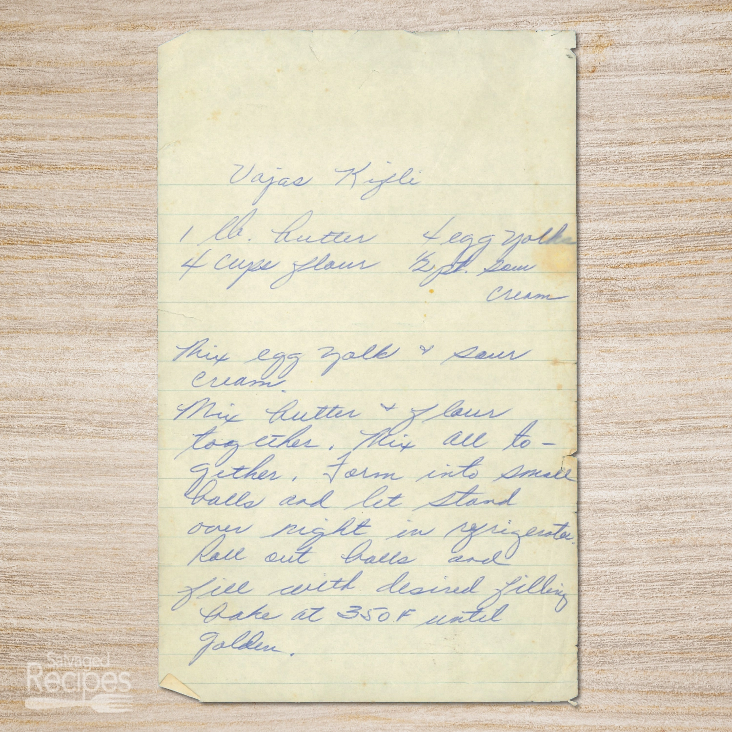 Handwritten recipe for Vajas Kifli