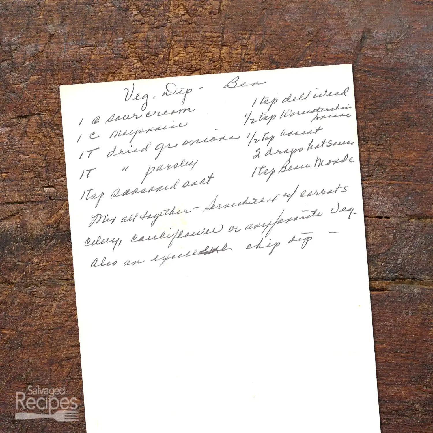 Handwritten recipe for Vegetable Dip from Bea