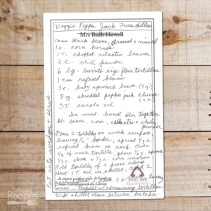 Handwritten recipe for Veggie Pepper Jack Quesadillas