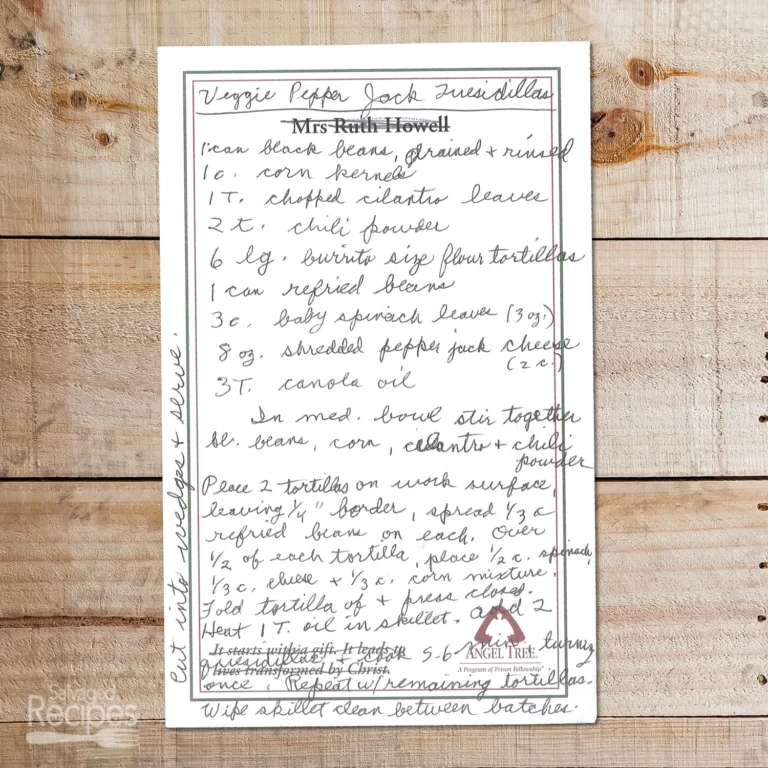 Handwritten recipe for Veggie Pepper Jack Quesadillas