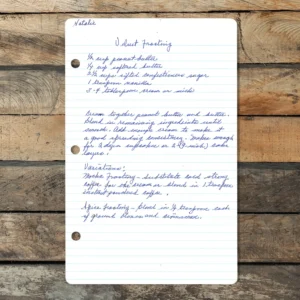 Handwritten recipe for Velvet Frosting from Natalie