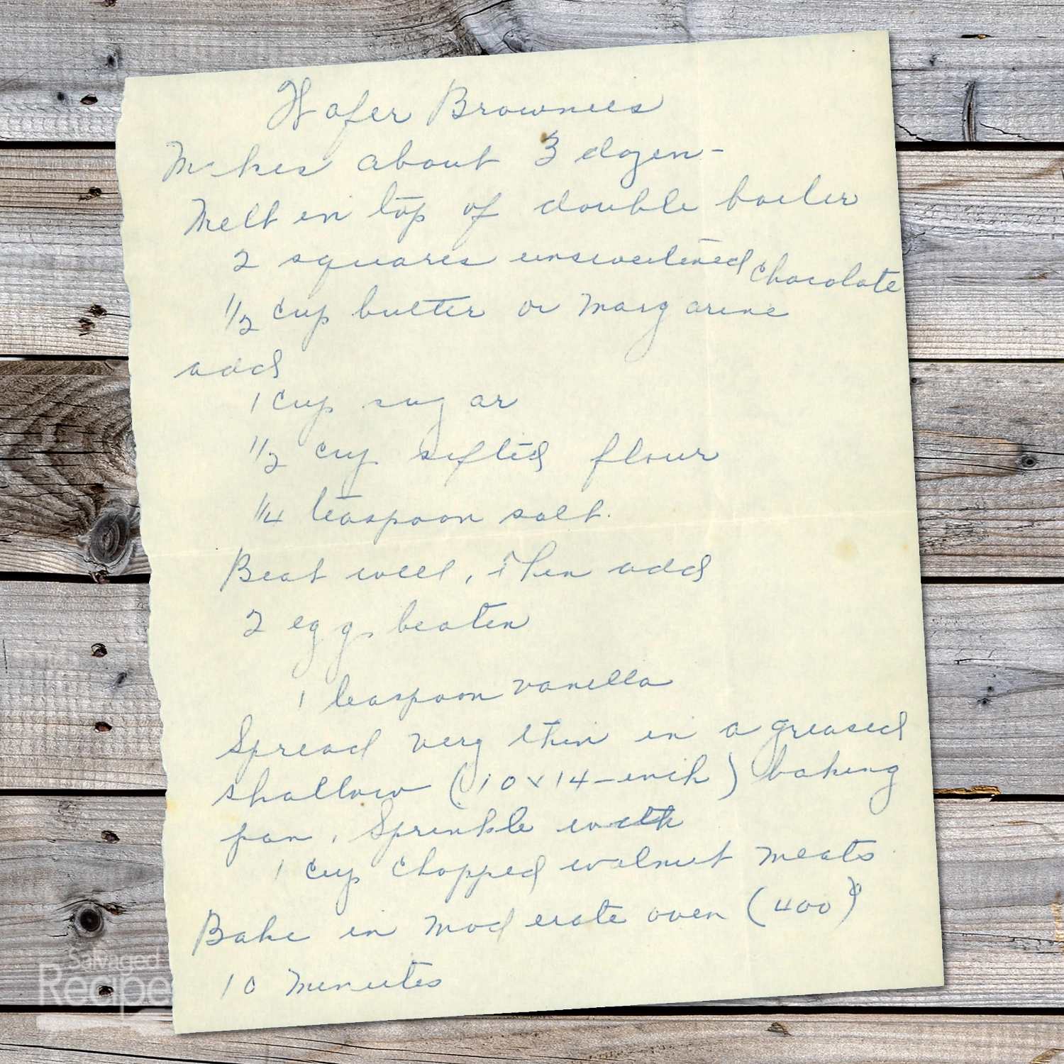 Handwritten recipe for Wafer Brownies