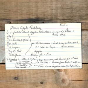 Handwritten recipe card for Warm Apple Pudding
