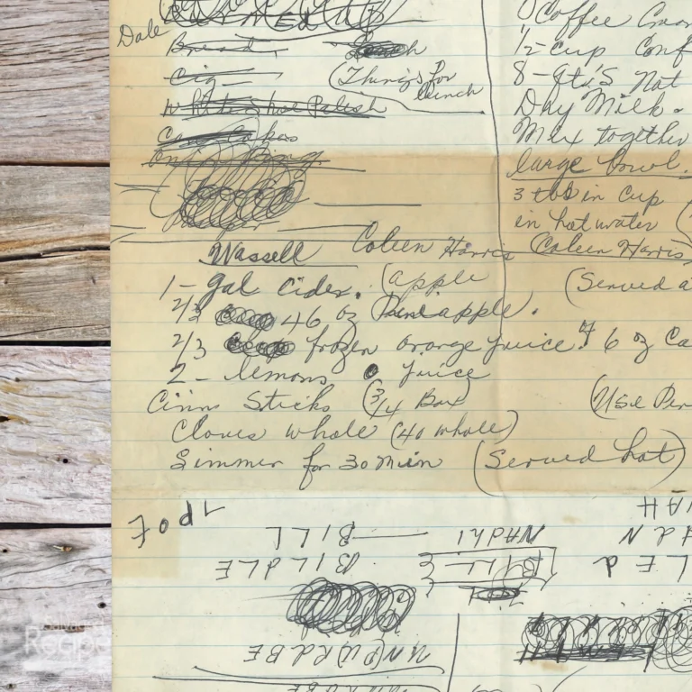 Handwritten recipe for Wassell from Coleen Harris
