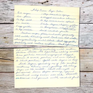 Handwritten recipe card for Whipped Cream Layer Cake