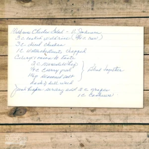 Handwritten recipe card for Wild Rice Chicken Salad from Vi Johnson